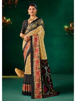 Gahan - Tussar Silk Cream Patola Print Saree with Unstitched Blouse