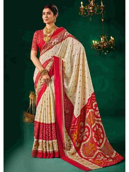 Gahan - Tussar Silk Beige Patola Print Saree with Unstitched Blouse