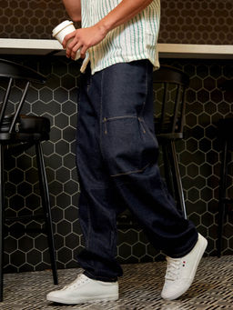 Campus Sutra - Mens Navy Blue Baggy Cargo Denim Jeans