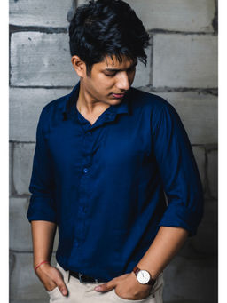 JAVINISHKA - Navy Blue Solid Rayon Slim Fit Shirt