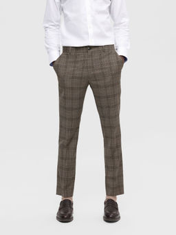 Selected - Brown Mid Rise Check Slim Fit Trousers