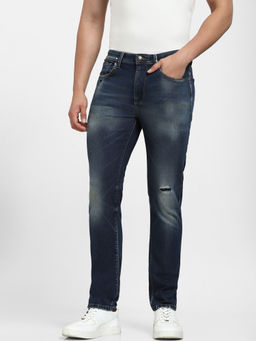 Selected - Blue Mid Rise Distressed Slim Fit Jeans