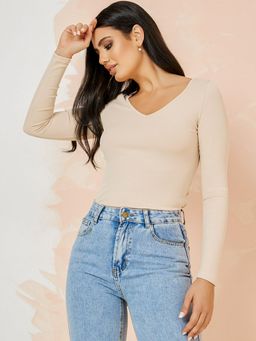 Styli - Long Sleeves V Neck Ribbed Fitted Knit Top