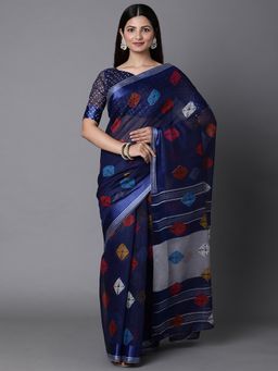 Akhilam - Womens Cotton Blend Navy Blue Printed Celebrity Saree with Unstitched Blouse