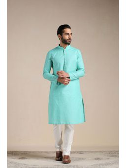 Manyavar - Turquoise Cotton Solid Kurta with Pencil Pajama (Set of 2)