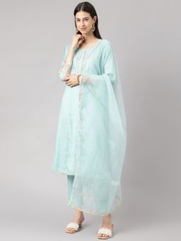 Divena - Sea Green Muslin Embroidery Kurta Pant with Organza Dupatta (Set of 3)