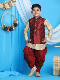 Vastramay - Boys Maroon & Gold Jacket With Kurta & Dhoti (Set of 3)