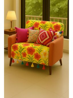 THROW PILLOW - Yellow Floral With Multicolour Tassels Sofa Cover -1Pc