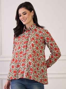InWeave - Orange Floral Green Jaal Collar Shirt