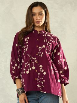 InWeave - Wine White Floral Band Neck Shirt