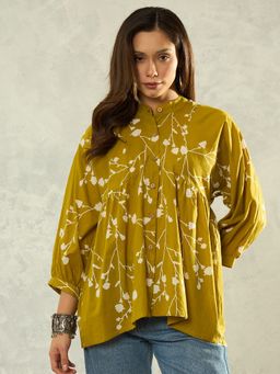 InWeave - Olive White Floral Band Neck Shirt