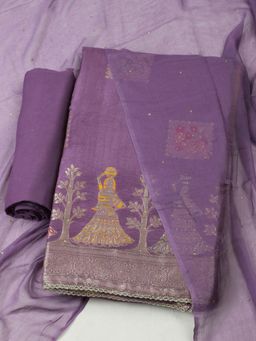MEENA BAZAAR - Purple Chanderi Self Design Unstitched Kurta with Pant and Dupatta