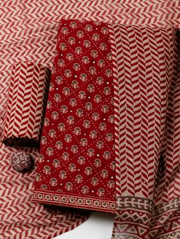 MEENA BAZAAR - Maroon Cotton Floral Unstitched Kurta with Pant and Dupatta