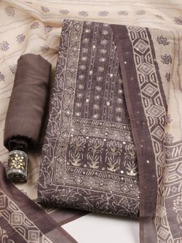 MEENA BAZAAR - Beige Chanderi Printed Unstitched Kurta with Pant and Dupatta