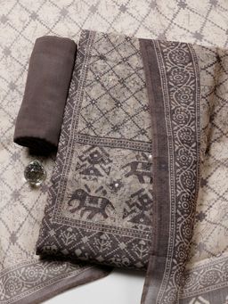 MEENA BAZAAR - Women Beige Chanderi Printed Unstitched Kurta with Pant and Dupatta