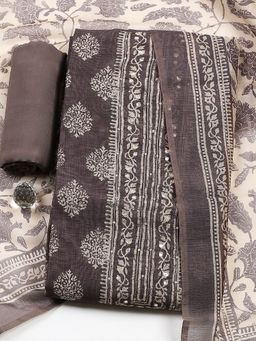 MEENA BAZAAR - Beige Women Chanderi Printed Unstitched Kurta with Pant and Dupatta