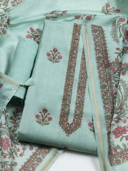 MEENA BAZAAR - Green Chanderi Floral Unstitched Kurta with Pant and Dupatta