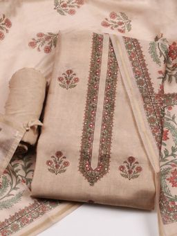 MEENA BAZAAR - Womens Beige Chanderi Floral Unstitched Kurta with Pant and Dupatta
