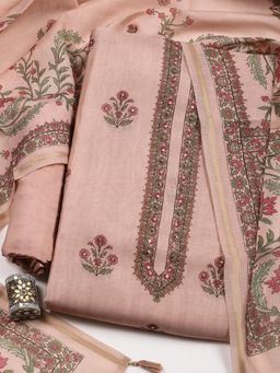 MEENA BAZAAR - Pink Chanderi Floral Unstitched Kurta with Pant and Dupatta