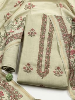 MEENA BAZAAR - Green Chanderi Floral Unstitched Kurta with Pant and Dupatta