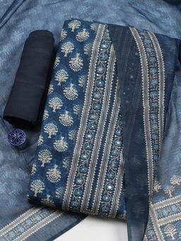 MEENA BAZAAR - Blue Chanderi Floral Unstitched Kurta with Pant and Dupatta