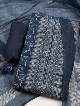 MEENA BAZAAR - Women Blue Chanderi Floral Unstitched Kurta with Pant and Dupatta