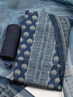 MEENA BAZAAR - Womens Blue Chanderi Floral Unstitched Kurta with Pant and Dupatta