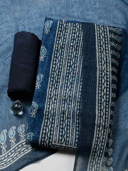 MEENA BAZAAR - Women'S Blue Chanderi Floral Unstitched Kurta with Pant and Dupatta