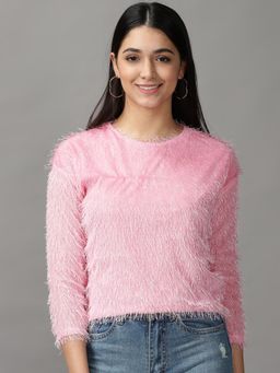 SHOWOFFFF - Womens Round Neck Solid Pink Regular Top