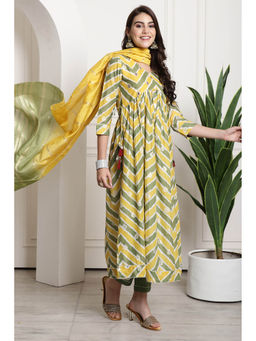 Rajnandini - Womens Pure Cotton Yellow & Green Kurta with Dupatta (Set of 3)