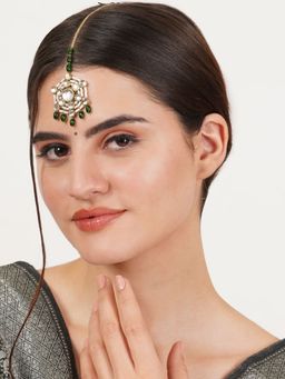 BeAbhika - Pearl and Kundan Green Stone Maangtikka
