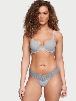 Victoria's Secret - Grey Lace-Waist Cotton Thong Panty