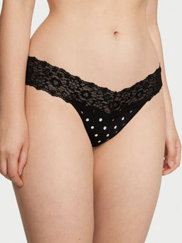 Victoria's Secret - Black Lace-Waist Polka Dots Cotton Thong Panty