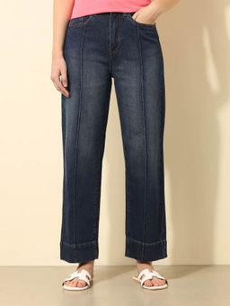 U.S. POLO ASSN. - Women Navy Blue High Rise Straight Fit Pintuck Jeans