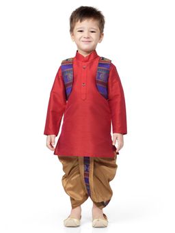 Jeetethnics - Boys Red Kurta Set With Dhoti Pants And Jacket (Set of 3)