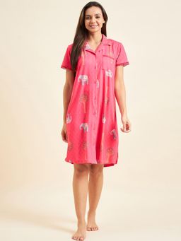 Sweet Dreams - Women Pink Printed Shirt Style Nightdress