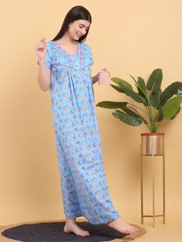 Sweet Dreams - Women Blue Floral Printed V-Neck Nightdress