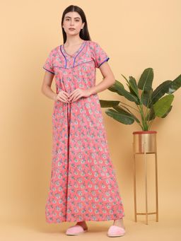 Sweet Dreams - Women Peach Floral Printed V-Neck Nightdress