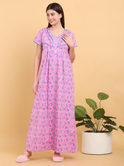 Sweet Dreams - Women Pink Floral Printed V-Neck Nightdress