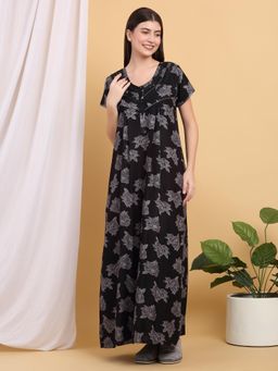 Sweet Dreams - Women Black Floral Printed Round Neck Nightdress