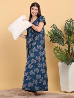 Sweet Dreams - Women Blue Floral Printed Round Neck Nightdress