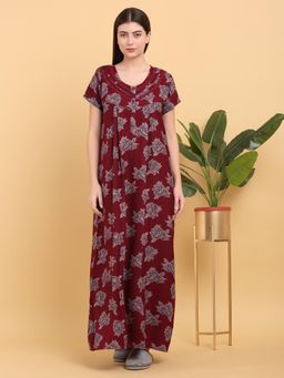 Sweet Dreams - Women Maroon Floral Printed Round Neck Nightdress