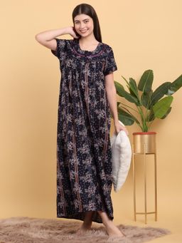 Sweet Dreams - Women Navy Blue Printed Round Neck Nightdress