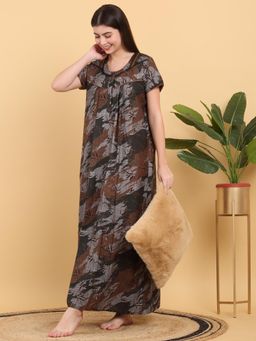 Sweet Dreams - Women Olive Printed Round Neck Nightdress