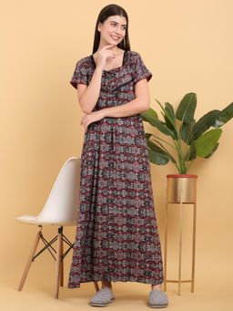 Sweet Dreams - Women Black Printed Square Neck Nightdress