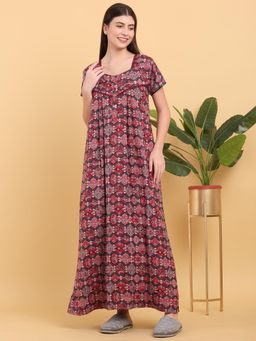 Sweet Dreams - Women Maroon Printed Square Neck Nightdress