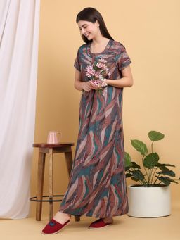 Sweet Dreams - Women Green Printed Round Neck Nightdress