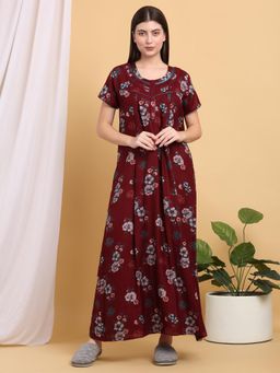 Sweet Dreams - Women Maroon Floral Printed Round Neck Nightdress