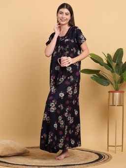 Sweet Dreams - Women Navy Blue Floral Printed Round Neck Nightdress