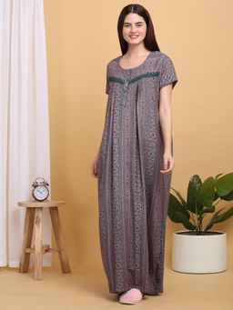 Sweet Dreams - Women Green Printed Round Neck Nightdress